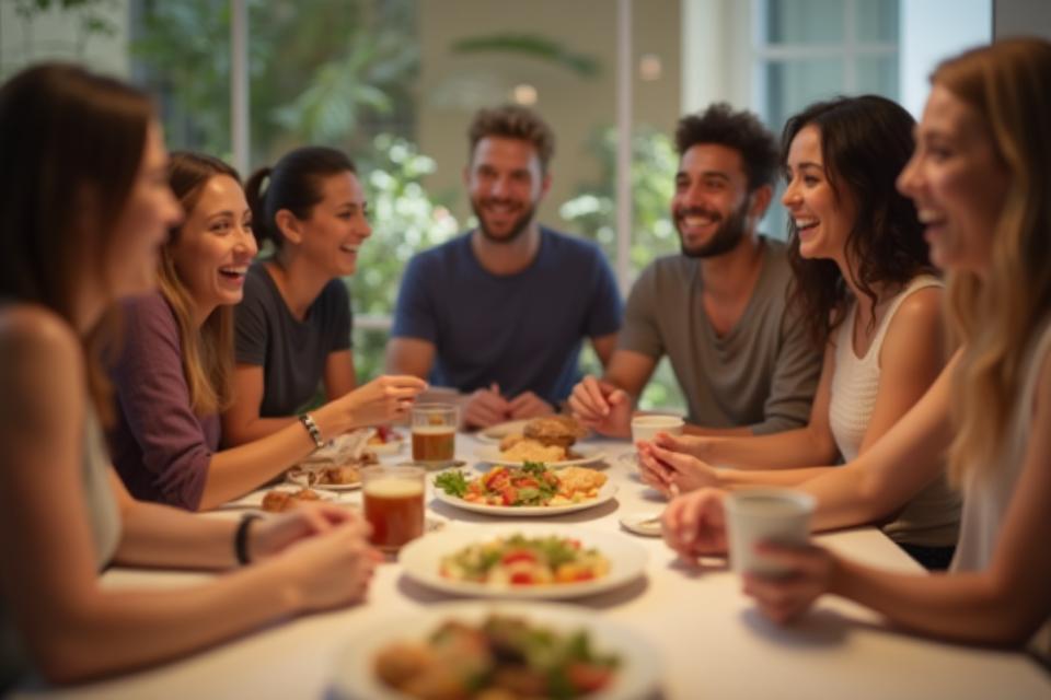 A diverse group of people gathered around a table, sharing food and conversation, laughing