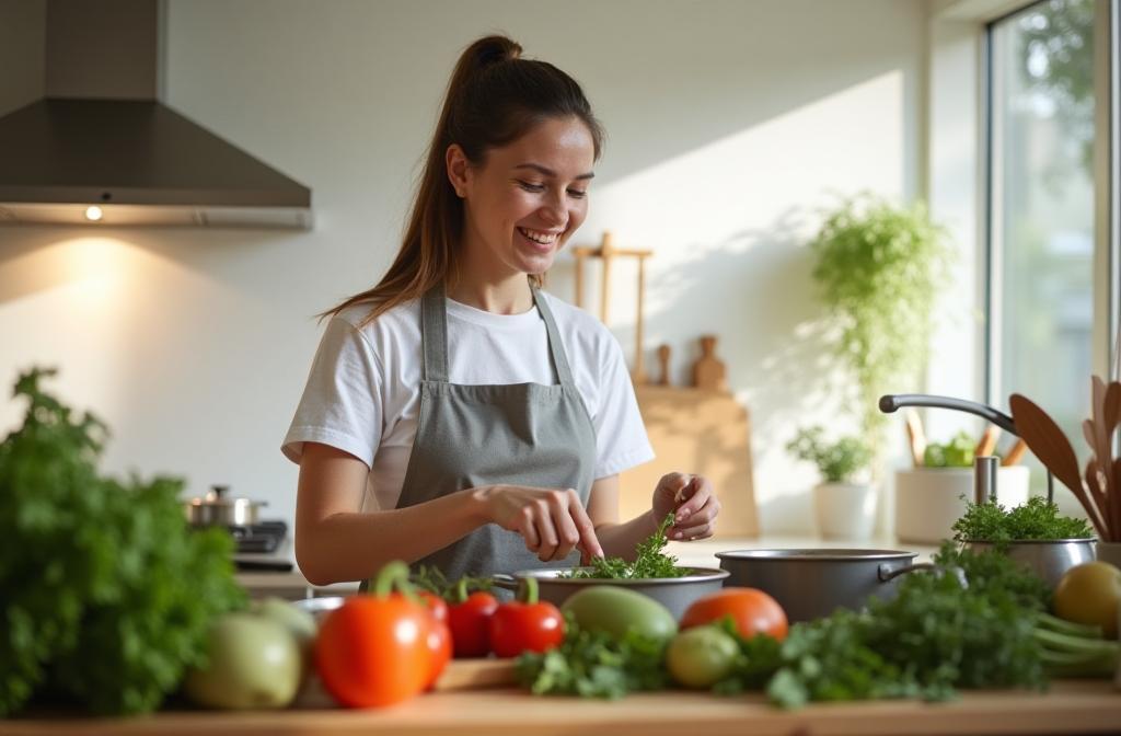 Someone happily cooking in a bright kitchen, full of fresh ingredients