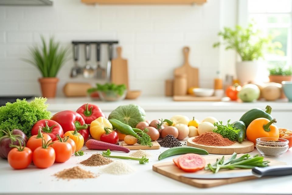 Various ingredients and kitchen tools neatly arranged on a modern counter top